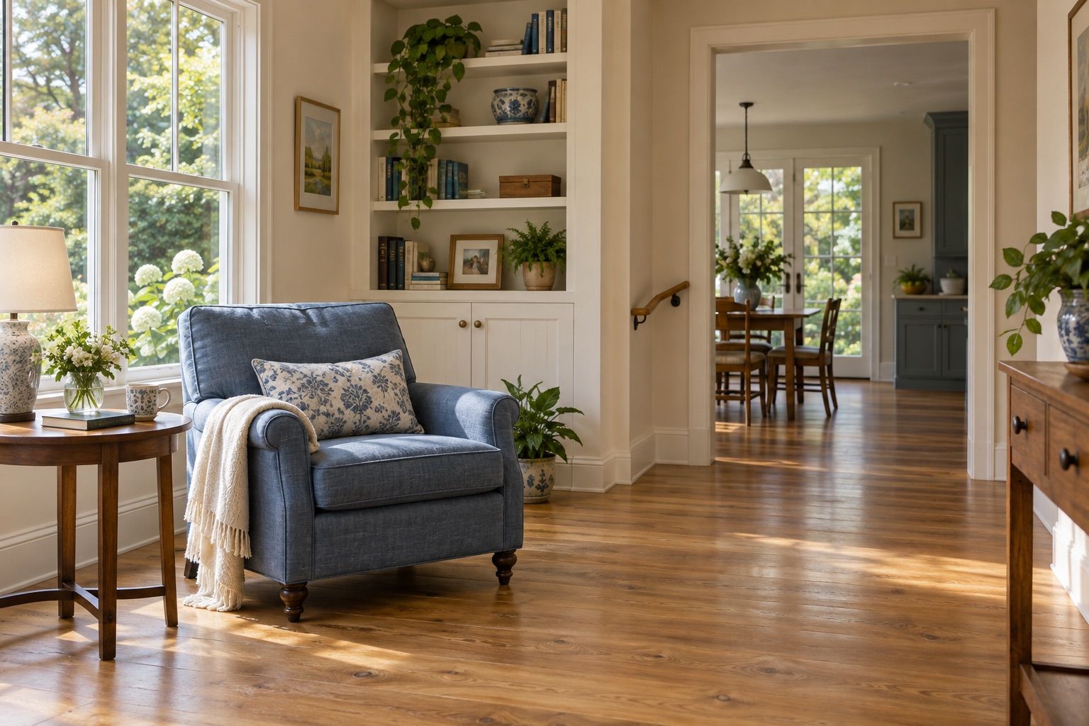 A familiar, comfortable living room with clear routes and a blue armchair