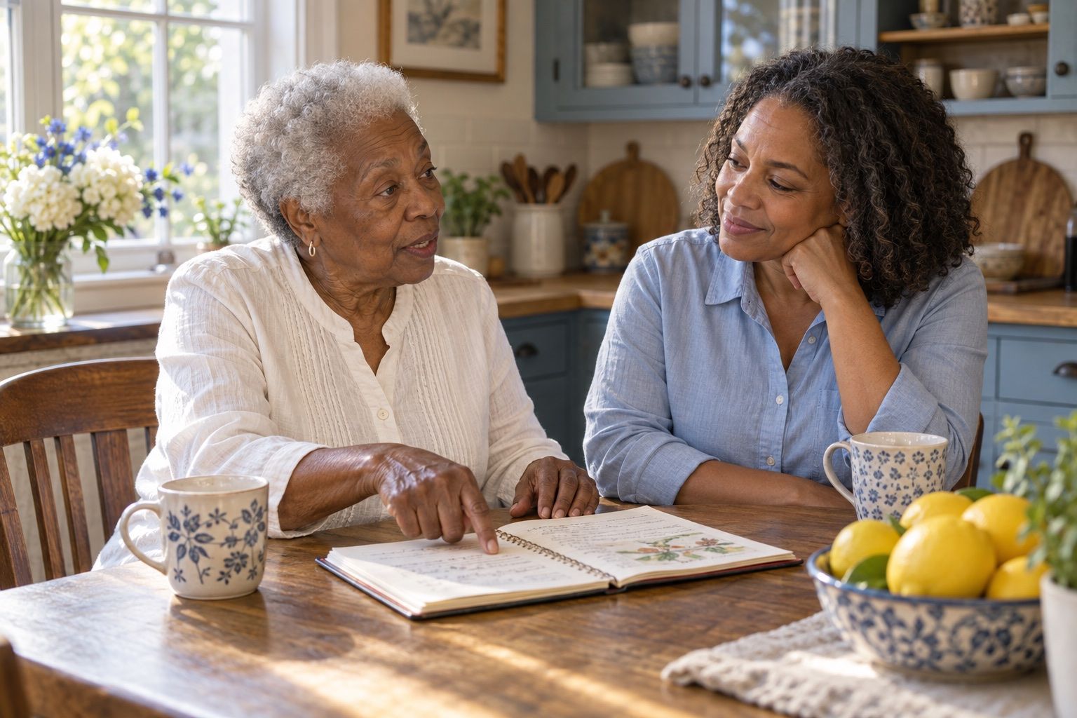 An older woman leading a conversation about her everyday routines