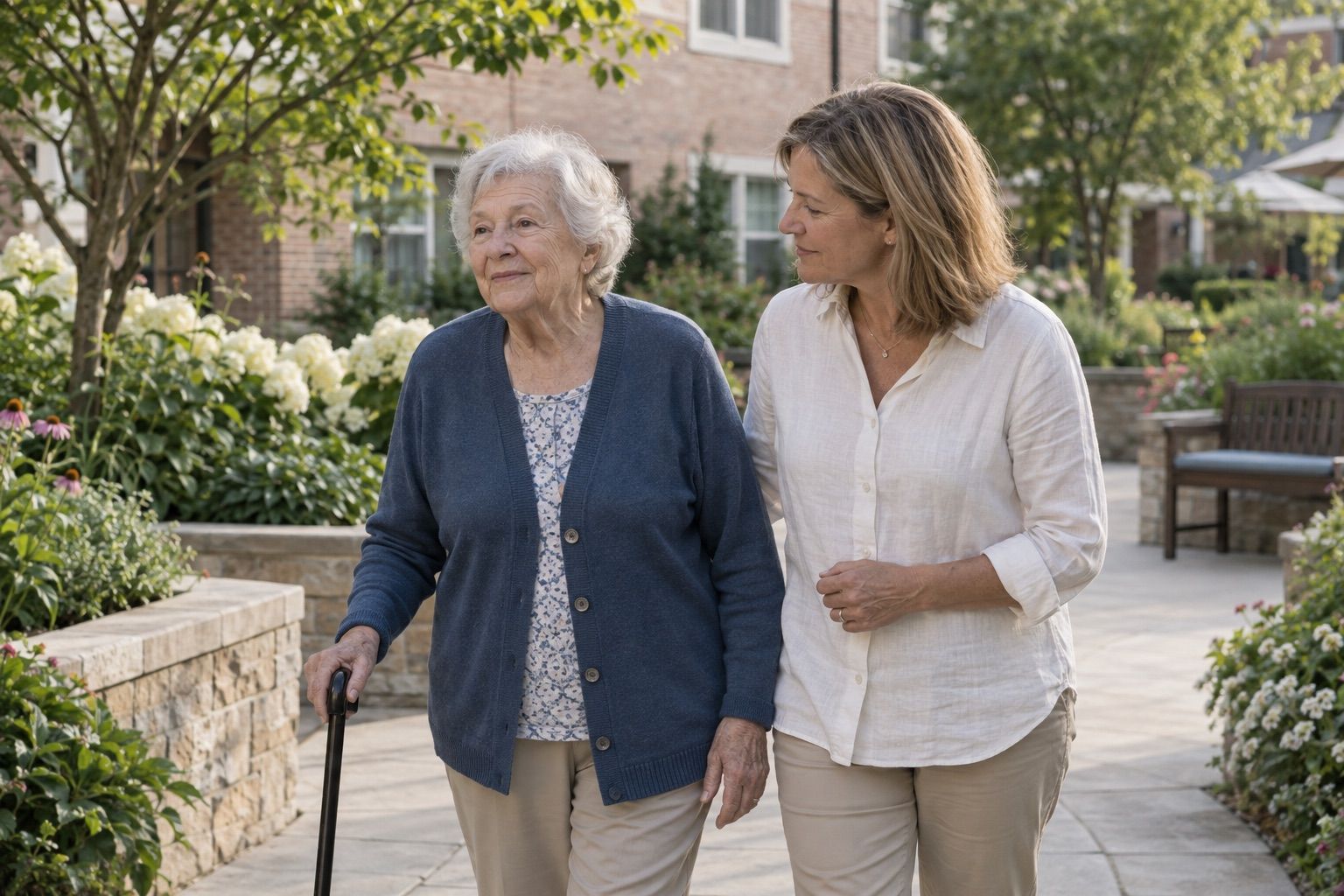 A mother and her adult daughter spending time together in a community garden